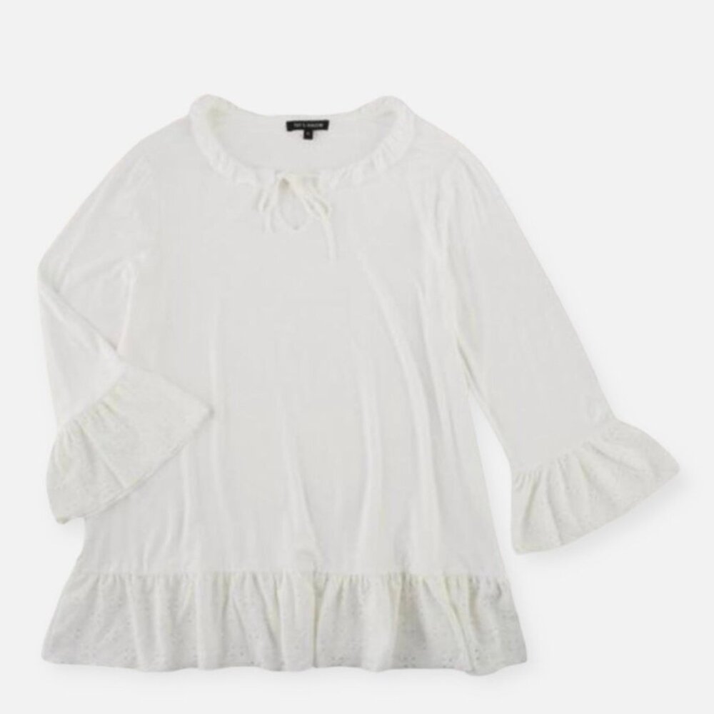 Tint & Shadow Women's Top Ruffled Eyelet 3/4 Sleeve Top Blouses White Size M